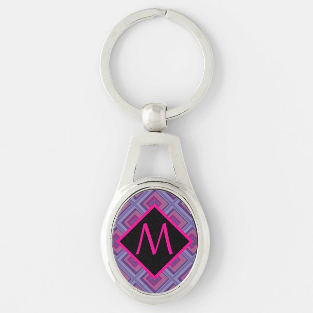 Monogram Lila Pink Diamond Schachbrett Muster Küns Schlüsselanhänger (Vorderseite)