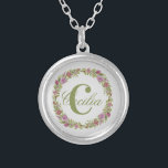 Monogram Lila Pink Green Floral Geschenk ihr Versilberte Kette<br><div class="desc">Personalisieren Sie diese Round Silver Necklace mit Ihrem Nachnamen oder Vornamen und Ihrem Initial. Sie können den Schriftart oder die Textfarbe ändern.</div>