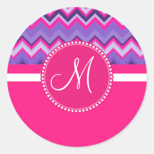 Monogram Lila Pink Tribal Zickzack Zig Zags Runder Aufkleber