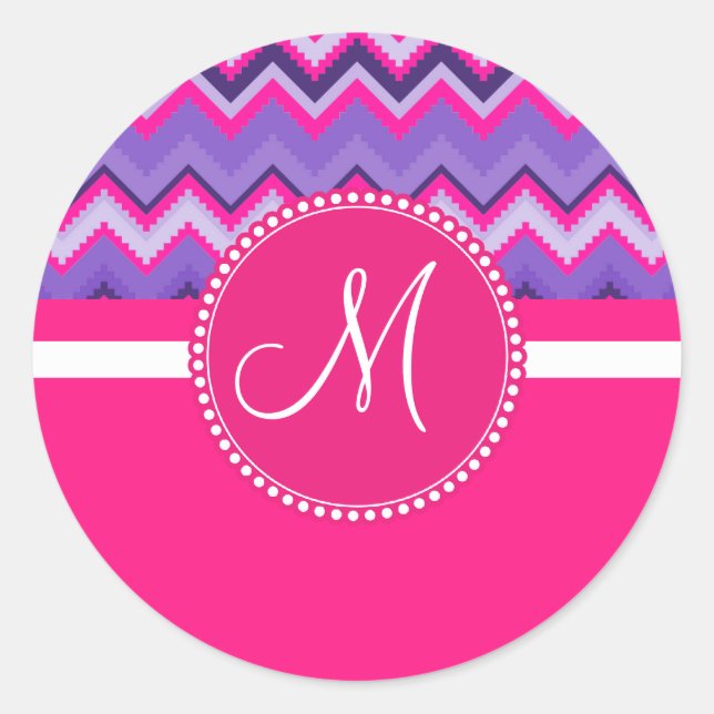Monogram Lila Pink Tribal Zickzack Zig Zags Runder Aufkleber (Vorderseite)