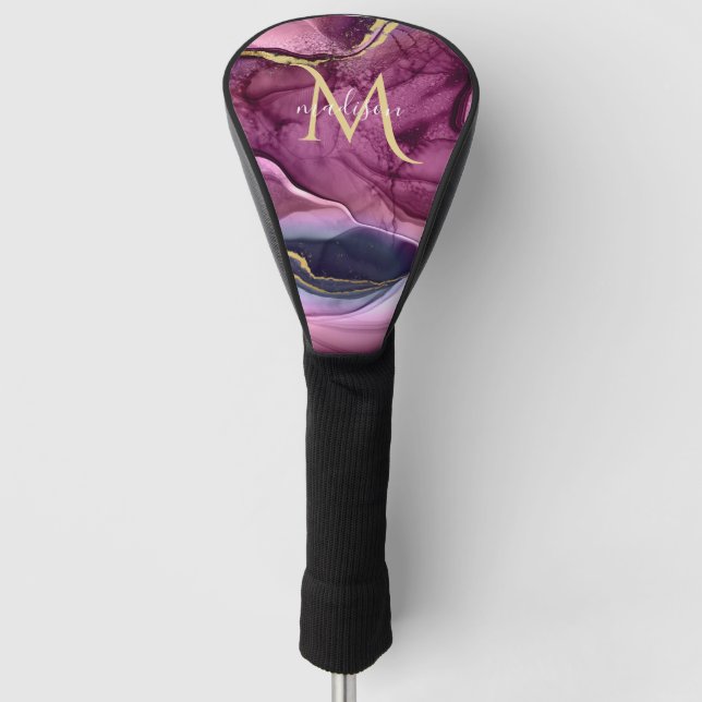 Monogram Lila Pink und Gold Agate Geode Golf He Headcover (Vorderseite)