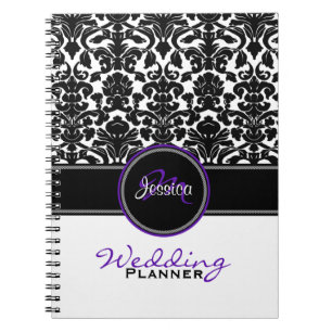 Monogram Lila Schwarz-weiß Damask Hochzeitsplaner Notizblock