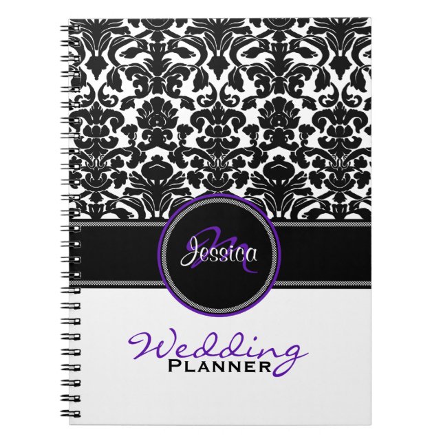 Monogram Lila Schwarz-weiß Damask Hochzeitsplaner Notizblock (Vorderseite)
