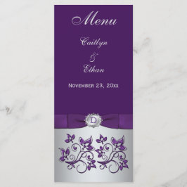 Monogram Lila, Silver Grey Floral Menu Card Menükarte