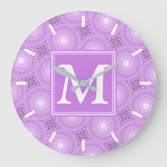 Monogram lilac purple circles pattern große wanduhr (Vorderseite)