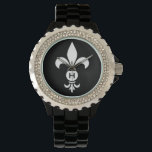Monogram-Lilie Modernes Einfaches Schwarzweiß Armbanduhr<br><div class="desc">Lilie Monogram Women's Black Enamel Bracelet Watch mit Rhinestones - Personalisieren Sie Ihre Initial-oder löschen, wenn gewünscht. Die Fleur-de-lis oder Flour-de-lys ist eine stilisierte Lilie, Iris oder Lotus Blume und ein traditionelles Symbol des Königtums. Stilvolles Schwarz-Weiß modernes Design mit personalisiertem Initial ist raffiniert, elegant und elegant. Einfache monogramm Schriftart erinnert...</div>
