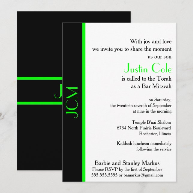 Monogram Lime Green Black Bar Mitzvah Einladung (Vorne/Hinten)