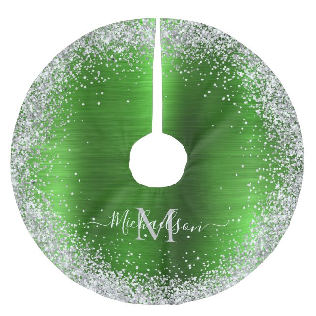 Monogram Lime Green Silver Glitzer Girly Glam Polyester Weihnachtsbaumdecke (Vorderseite)