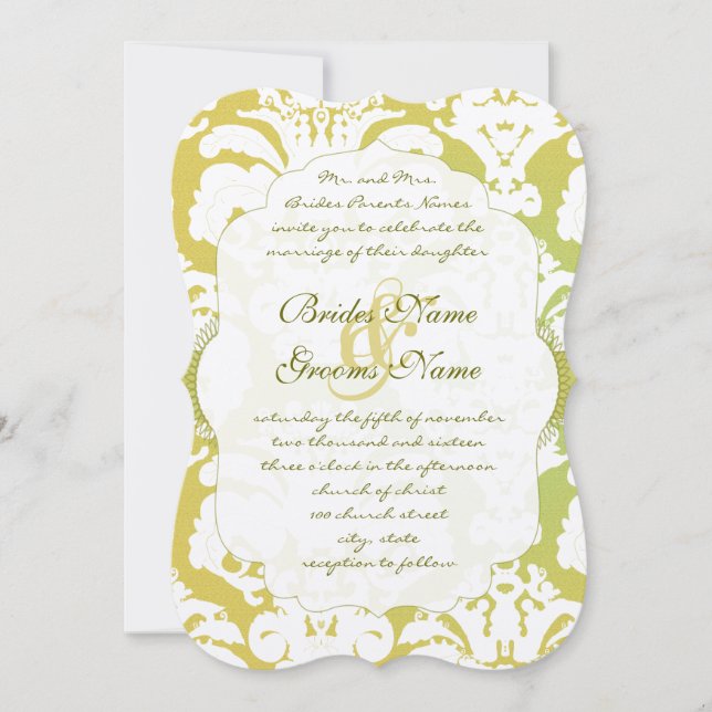 Monogram Limon Light Gold Damask Einladung (Vorderseite)