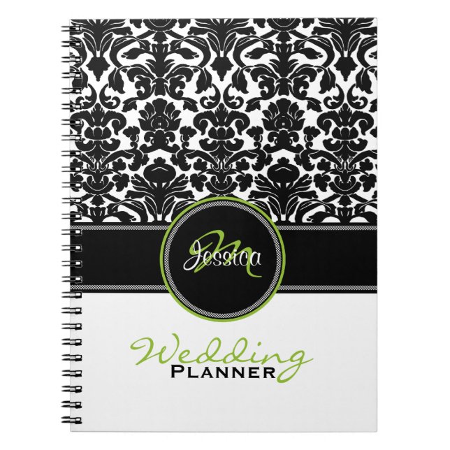 Monogram Limoner Schwarz-weiß Damask Hochzeitsplan Notizblock (Vorderseite)