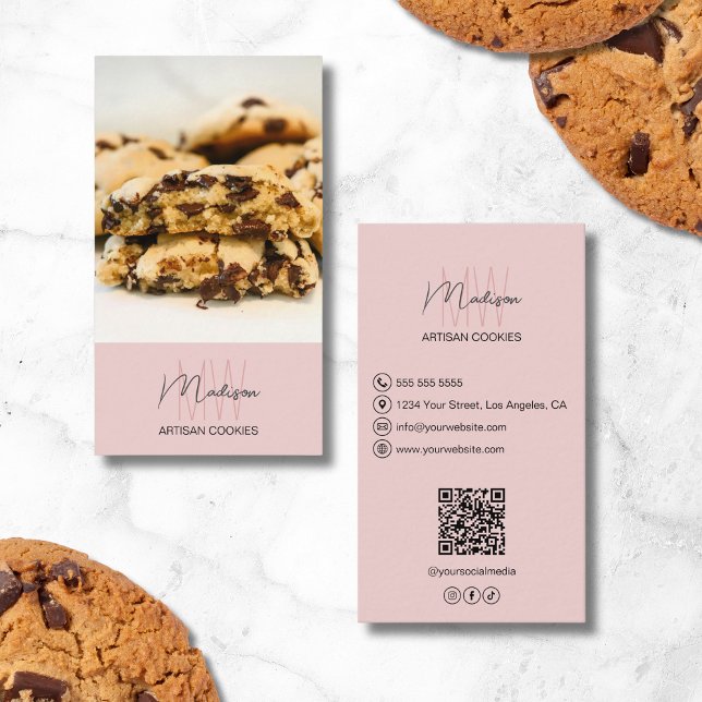 Monogram Logo Bakery QR Pink Visitenkarte (Monogram Logo Bakery QR Pink Business Card)
