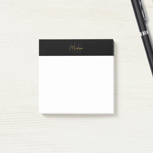 Monogram Logo Black und Gold Modern Minimalistisch Post-it Klebezettel (Monogram Logo Black and Gold Modern Minimalist Post-it Notes)
