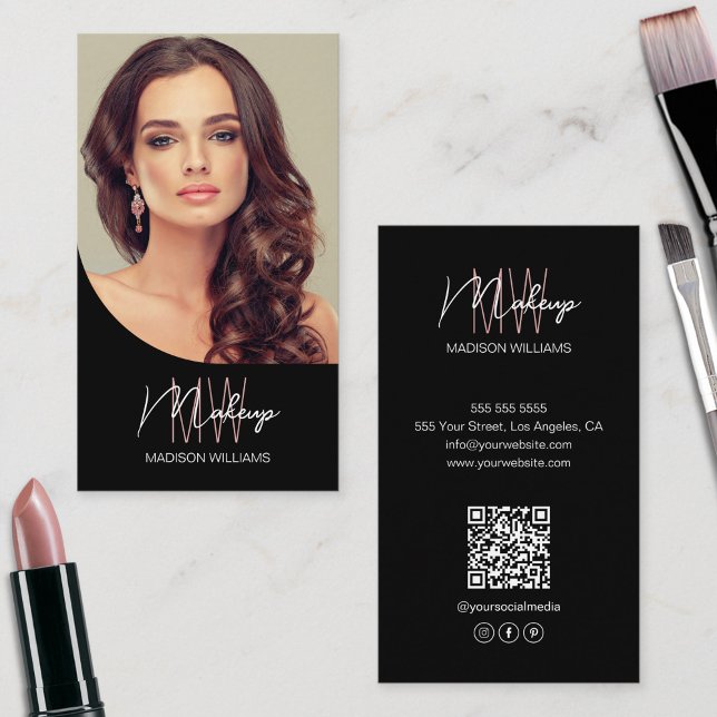 Monogram Logo Foto Makeup Artist Black Visitenkarte (Monogram Logo Photo Makeup Artist Black Business Card)