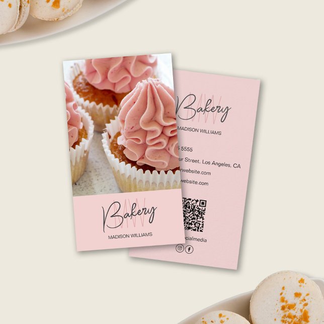 Monogram-Logo für Bäckerei-Foto QR Rosa Visitenkarte (Bakery Monogram Logo Custom Photo QR Pink Business Card)