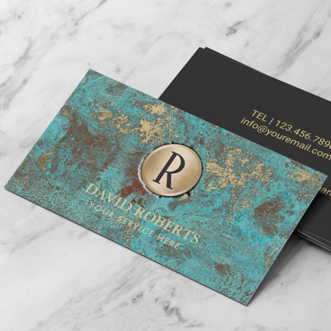 Monogram Logo Vintag Gold Turquoise & Aquamarin Visitenkarte (Von Creator hochgeladen)