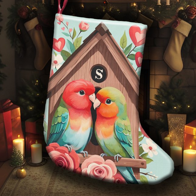 Monogram Lovebird Couple Birdhouse & Heart Pastel Kleiner Weihnachtsstrumpf (Couples' monogrammed Christmas stocking with lovebirds, cozy birdhouse, pastel hearts & flowers)