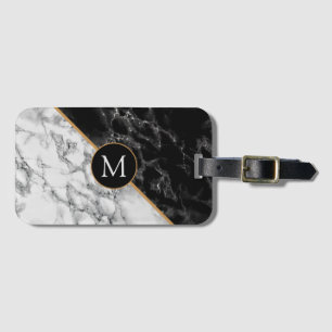 Monogram Luggage Tag Black White Marble Stone Gepäckanhänger