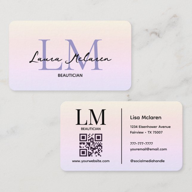 Monogram Luxe Ästhetik Pastellfarben QR-Code Visitenkarte (Vorne/Hinten)