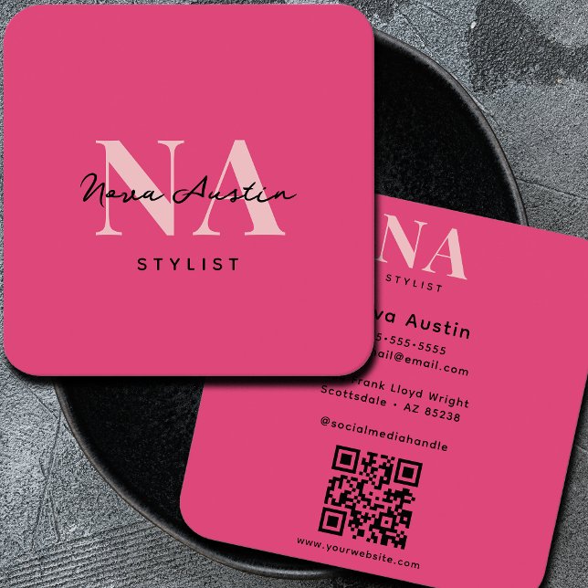 Monogram Luxe Trendy Aesthetic Hot Pink QR Code Quadratische Visitenkarte (Von Creator hochgeladen)