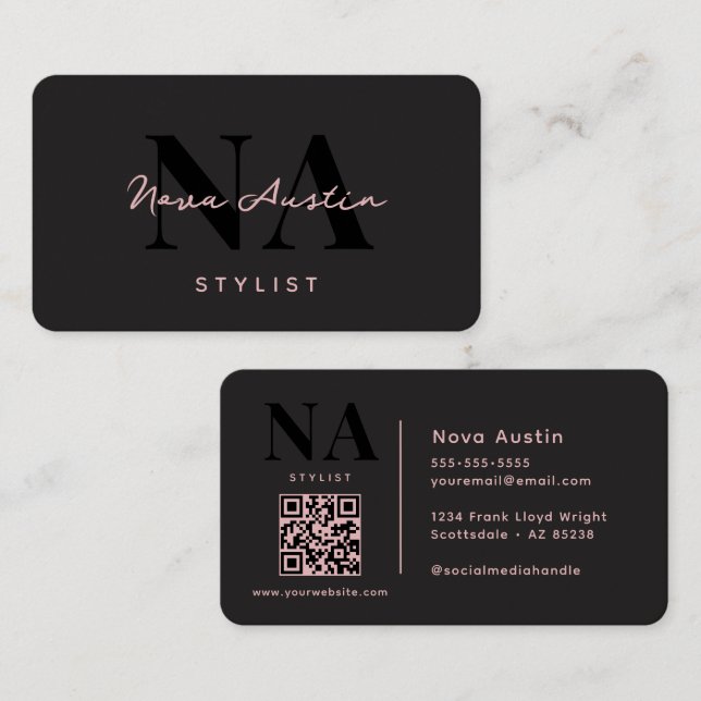 Monogram Luxe Trendy Ästhetik Pink Schwarz QR Code Visitenkarte (Vorne/Hinten)