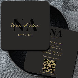 Monogram Luxe Trendy Ästhetisches Gold-Schwarz QR- Quadratische Visitenkarte