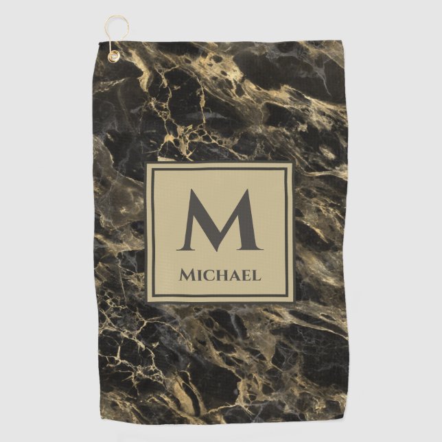 Monogram Luxury Black and Gold Marmor Golfhandtuch (Vorderseite)