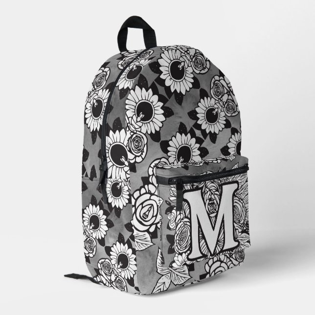 Monogram "M" Floral Tattoo Muster Schwarz-weiße DI Bedruckter Rucksack (Rückseitige Ecke links)