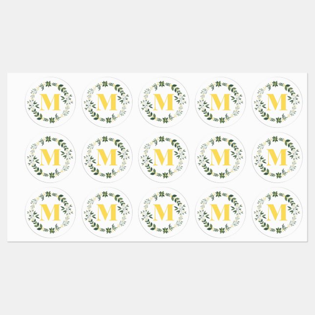 Monogram M in Gold/Lemon mit floralen Klingelklamm Etiketten (Blatt)