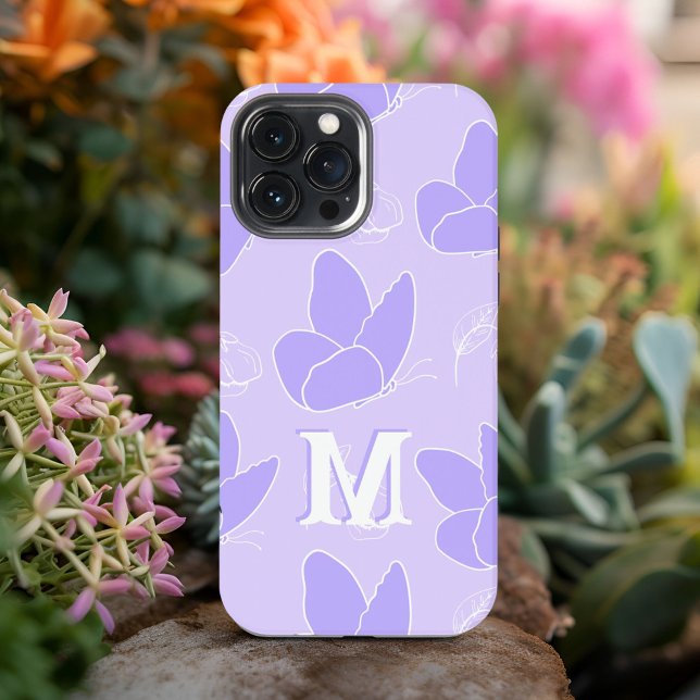 Monogram M Modern Blue Lilac Butterfly Pattern iPhone 13 Pro Max Hülle (Von Creator hochgeladen)