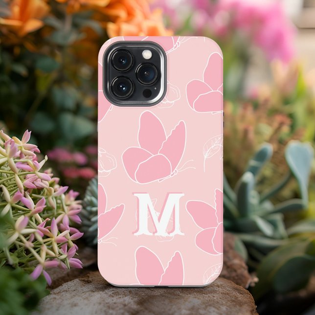 Monogram M Modernes Blush & Pink Butterfly Muster iPhone 13 Pro Max Hülle (Von Creator hochgeladen)