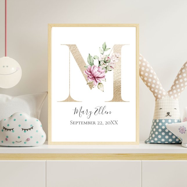 Monogram M Pink White Floral Gold Letter Kinderzim Poster (Gold Monogram M Letter M with Pink Flowers Wall Art for Nursery or Bedroom)