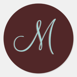 Monogram M Wedding Invitation Chocolate Blue Siege Runder Aufkleber