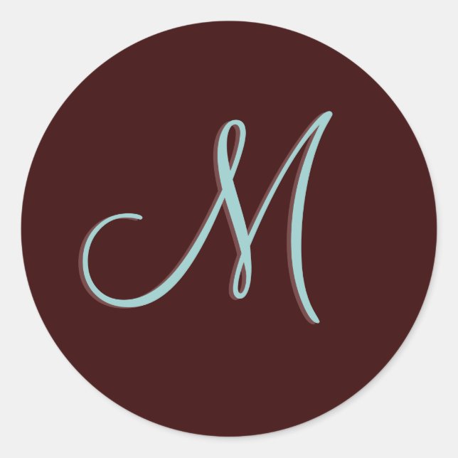 Monogram M Wedding Invitation Chocolate Blue Siege Runder Aufkleber (Vorderseite)