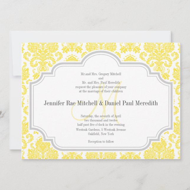 Monogram M Yellow Damask Hochzeitseinladungen Einladung (Vorderseite)