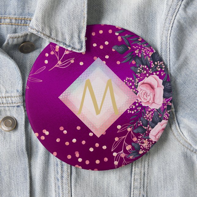 Monogram Magenta Rosegold Pink Metallic Glitzer Button (Beispiel)