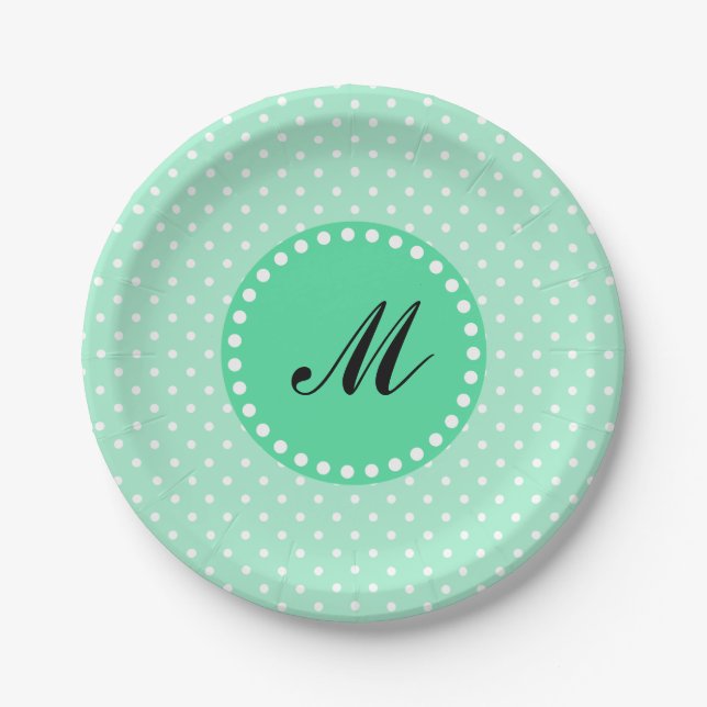 Monogram Magic Mint and White Polka Dot Pappteller (Vorderseite)