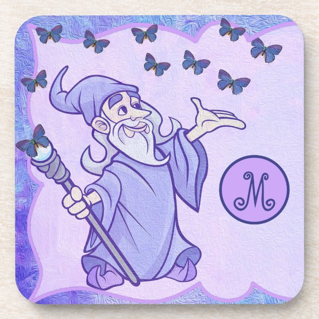 Monogram Magical Wizard mit Schmetterlingen Getränkeuntersetzer (Vorderseite)