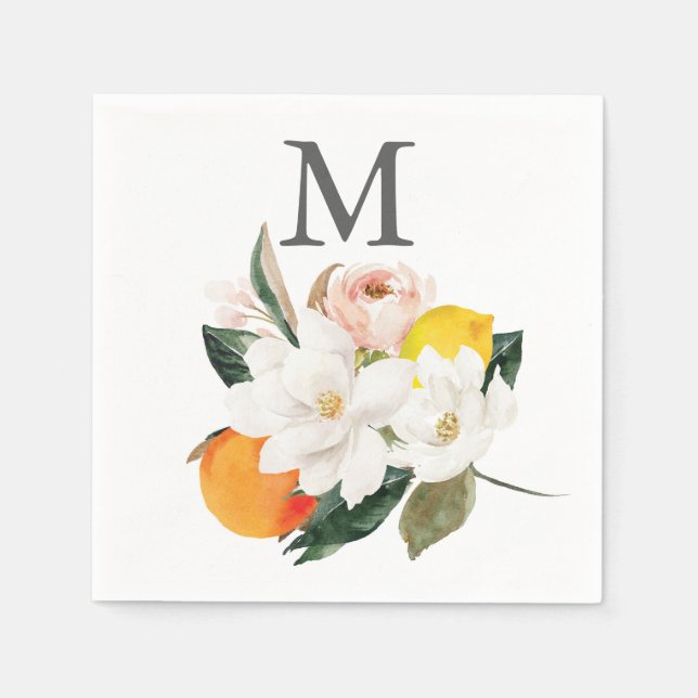 Monogram Magnolia Citrus Wedding Cocktail Napkin Serviette (Vorderseite)