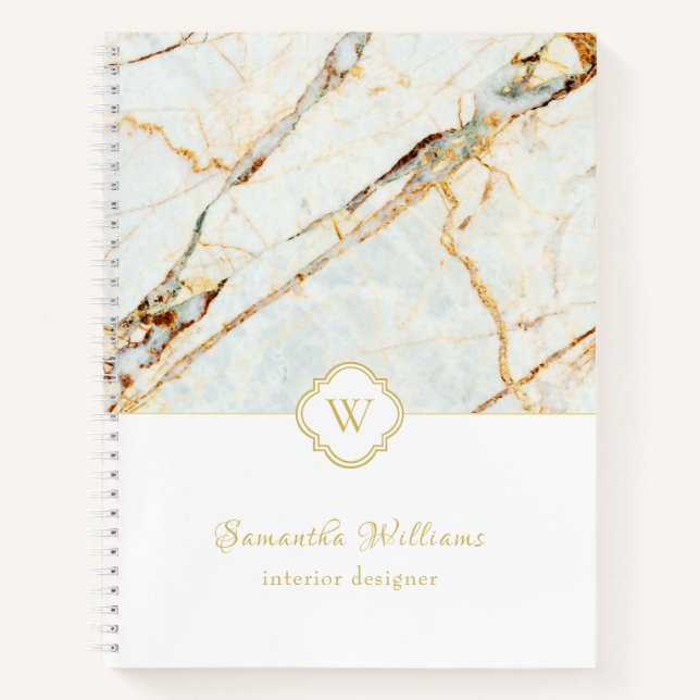 Monogram Marble Elegant White Gold Spiral Notebook Notizbuch (Vorderseite)