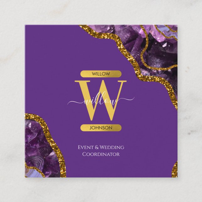 Monogram-Marble für lila- und Gold-Agate-Geode-Gli Quadratische Visitenkarte (Vorderseite)