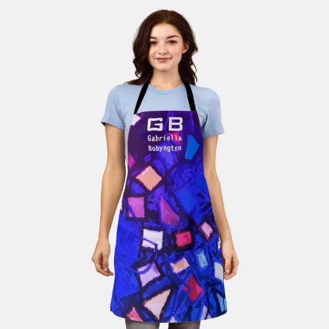 Monogram Marine blau lila abstraktes Muster hell Schürze (Getragen)