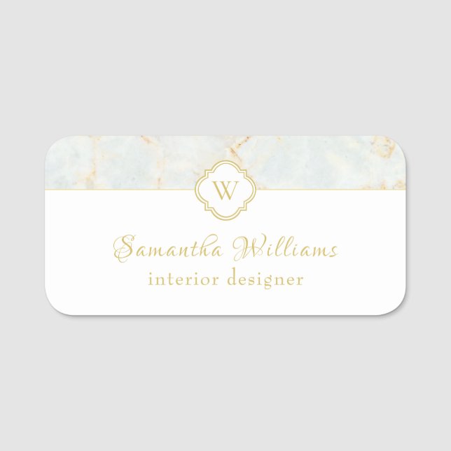 Monogram-Marmor Elegant White Gold Beruflich Namensschild (Vorderseite)