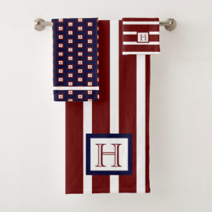 Monogram Maroon Red White Navy Blue Badhandtuch Set