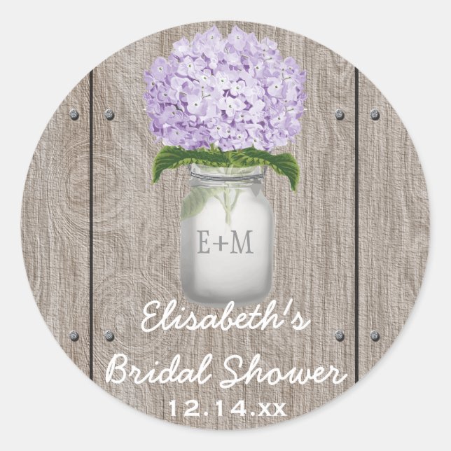 Monogram Mason Jar Lila Hydrangea Brautparty Runder Aufkleber (Vorderseite)