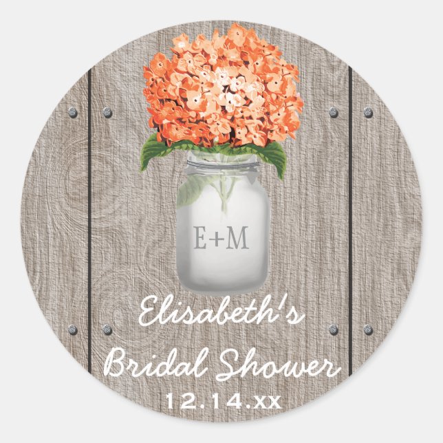 Monogram Mason Jar Orange Hydrangea Brautparty Runder Aufkleber (Vorderseite)