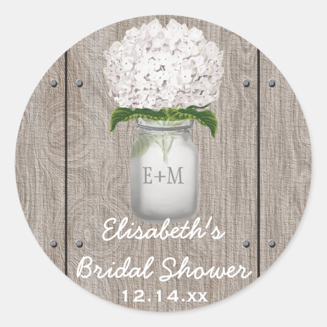 Monogram Mason Jar White Hydrangea Brautparty Runder Aufkleber (Vorderseite)