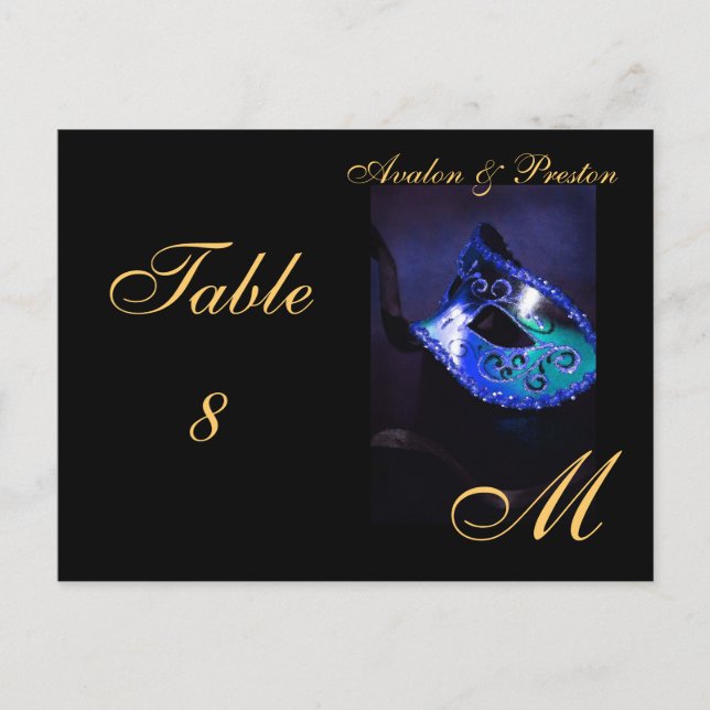 Monogram Masquerade Mask Blue Table Platzkarte Postkarte (Vorderseite)