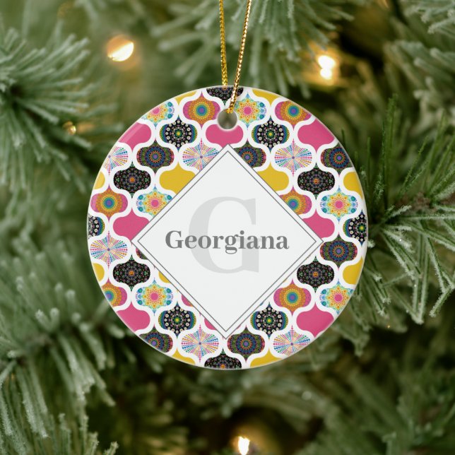 Monogram Maximalist Rainbow Dot Mandalases Patchwo Keramik Ornament (Baum)