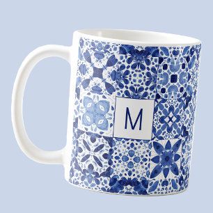Monogram Mediterranean Blue White Tile Water Kaffeetasse