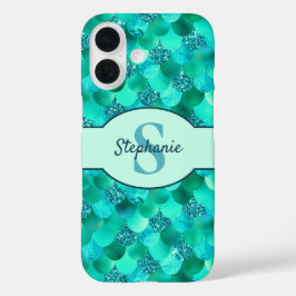 Monogram Mermaid Scales Sea Green Aqua Blue iPhone 16 Hülle